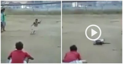 Video: Chạy đà thật xa rồi sút bóng hỏng, bé trai ngã lăn ra đất