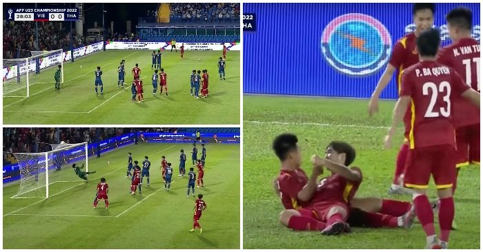Tình huống ghi bàn của Trung Thành trong hiệp 1 đã giúp tuyển U23 Việt Nam thắng Thái Lan vào tối 22/2/2022 (ảnh chụp từ video).