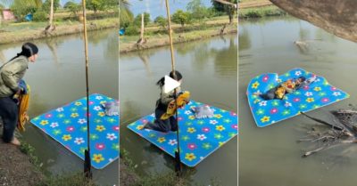 Video: Cô gái trải thảm nằm thư giãn trên mặt ao