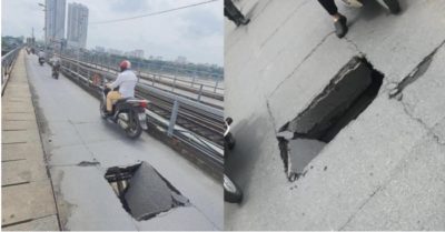 Mặt cầu Long Biên thủng một lỗ lớn, xung quanh khu vực xuất hiện các vết nứt chằng chịt