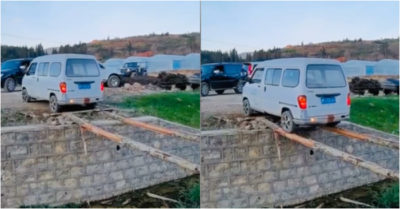 Video: Khoảnh khắc tài xế lùi ôtô qua con kênh bằng 2 cây gỗ nhỏ