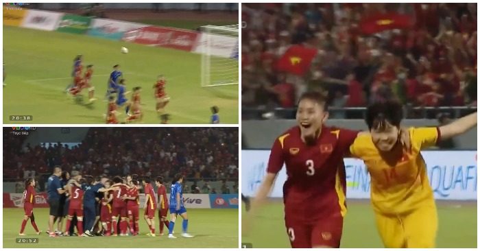 Tuyển nữ Việt Nam vô địch SEA Games sau khi thắng Thái Lan 1-0 trên sân Cẩm Phả tối 21/5/2022 (ảnh chụp màn hình).