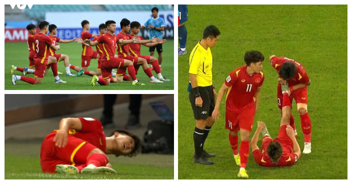 Các cầu thủ U23 Việt Nam gặp chấn thương trên sân, Nguyễn Văn Trường bất ngờ bị đau cho dù không va chạm với ai (ảnh chụp màn hình video).